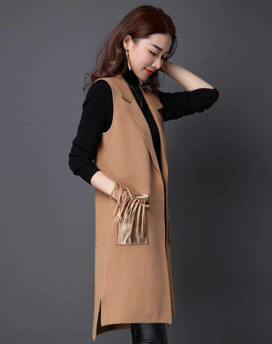 丝柏舍女驼色翻领中长款针织马甲s63f0207a18_唯品会