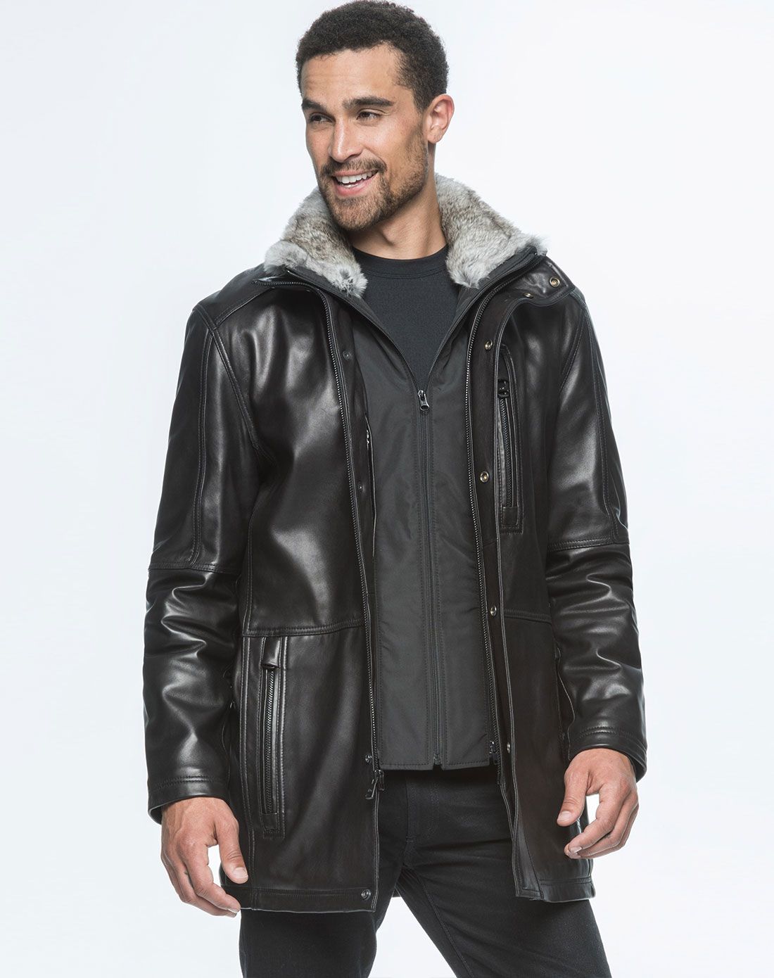 andrew marc&mny andrew marc男士中长款兔毛毛领双门襟绵羊皮皮衣t