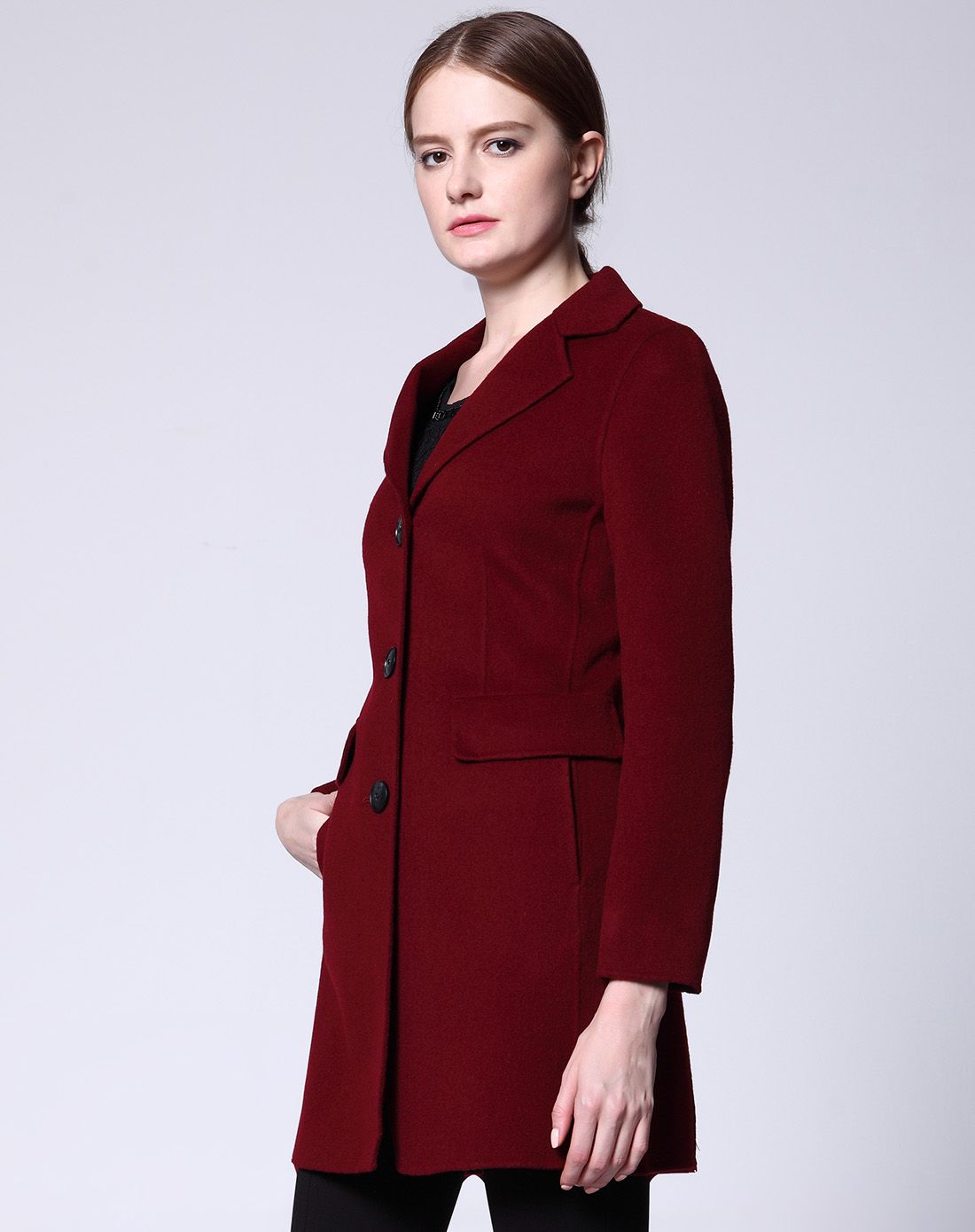 酒红温婉气质纽扣双面呢料大衣