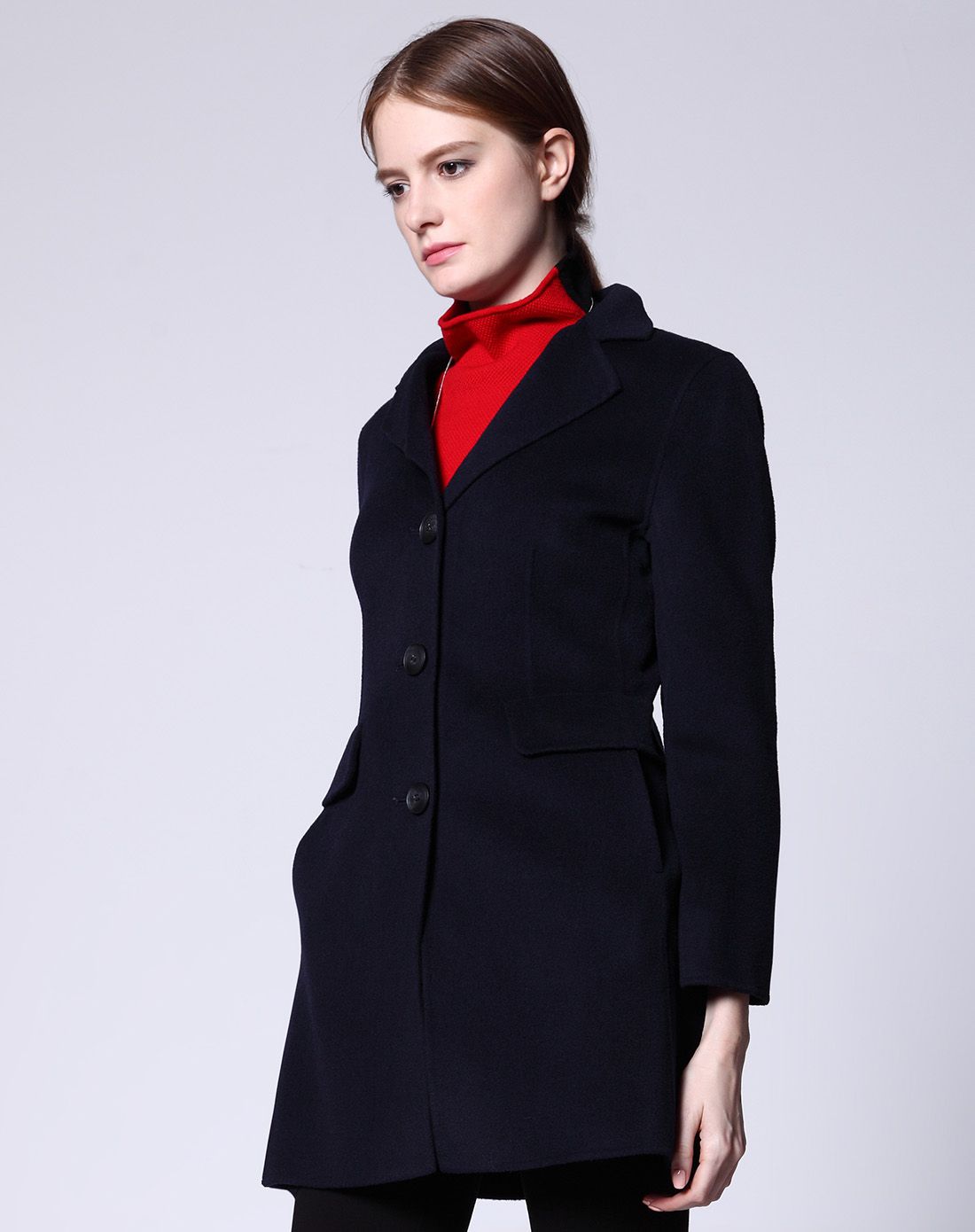 藏青知性气质纽扣双面呢料大衣