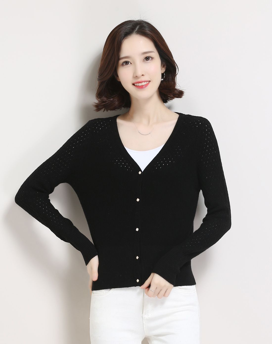 金菊黑色镂空大方百搭羊毛开衫a8622425-1406_唯品会