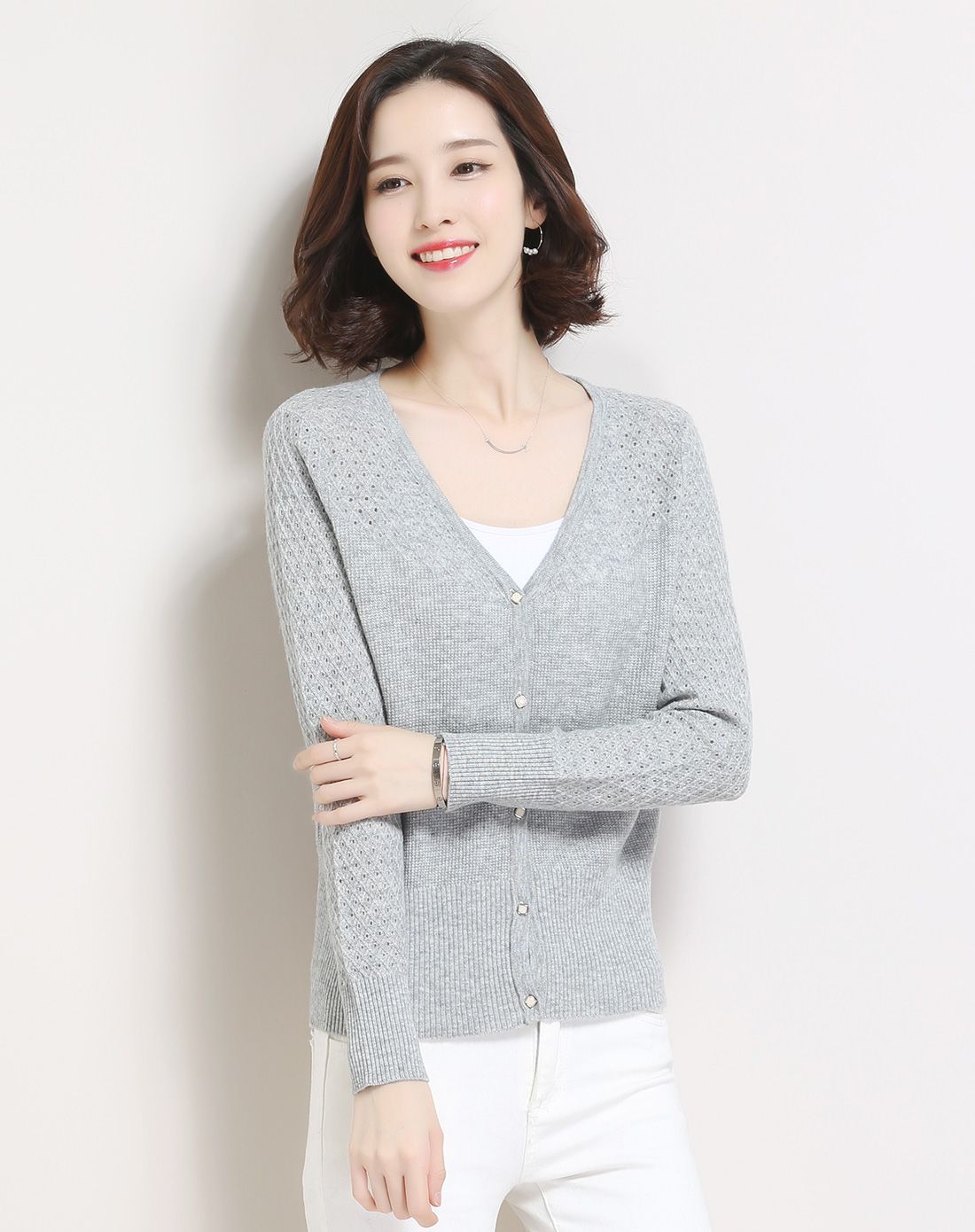 金菊灰色镂空大方百搭羊毛开衫a8622425-1412_唯品会