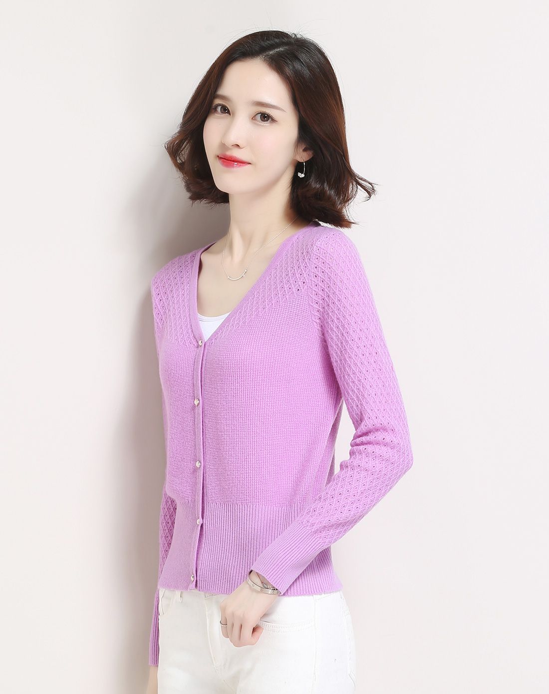 金菊针织紫色镂空大方百搭羊毛开衫a8622425-1801_唯品会