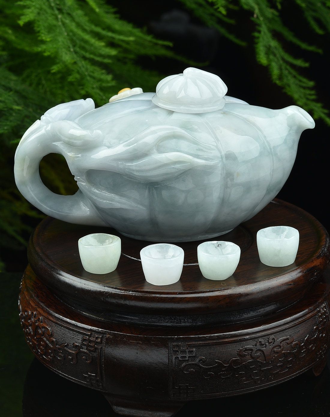 亿珍阁 a货黄翡南瓜茶壶茶杯翡翠摆件附证书