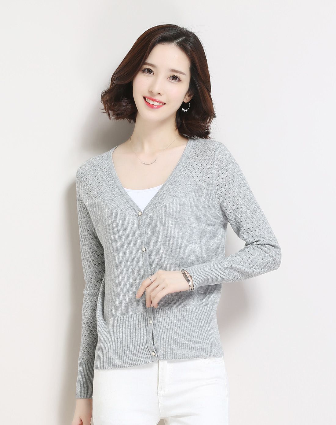 金菊灰色镂空大方百搭羊毛开衫a8622425-1412_唯品会