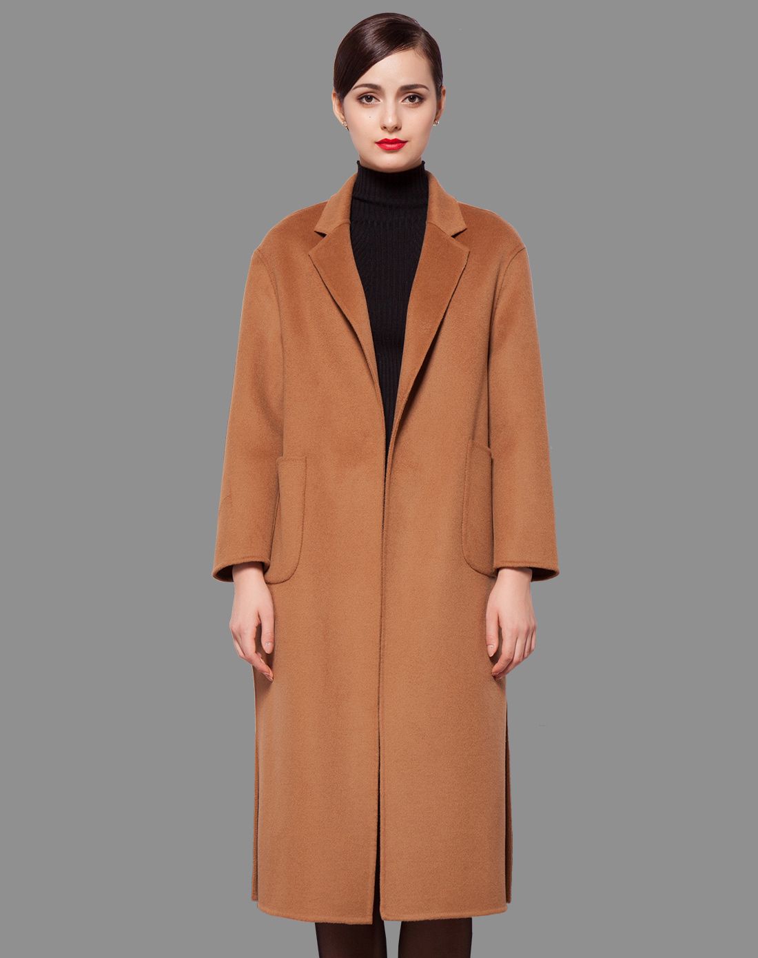 女式简约长款双面呢大衣麻灰