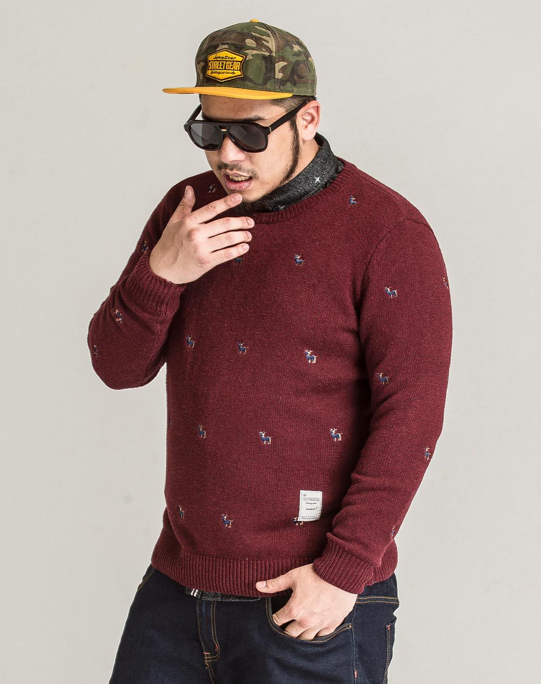 panmax大码潮牌酒红色满身绣驯鹿套头毛衣paemd044-酒红色_唯品会