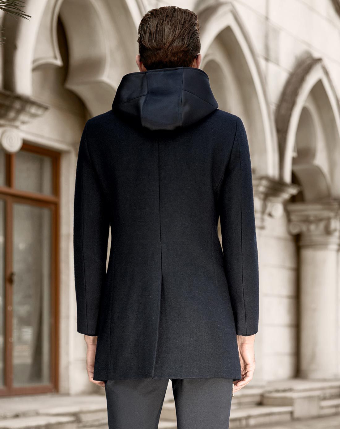 轻奢男士高端连帽中长款黑色羊毛呢大衣