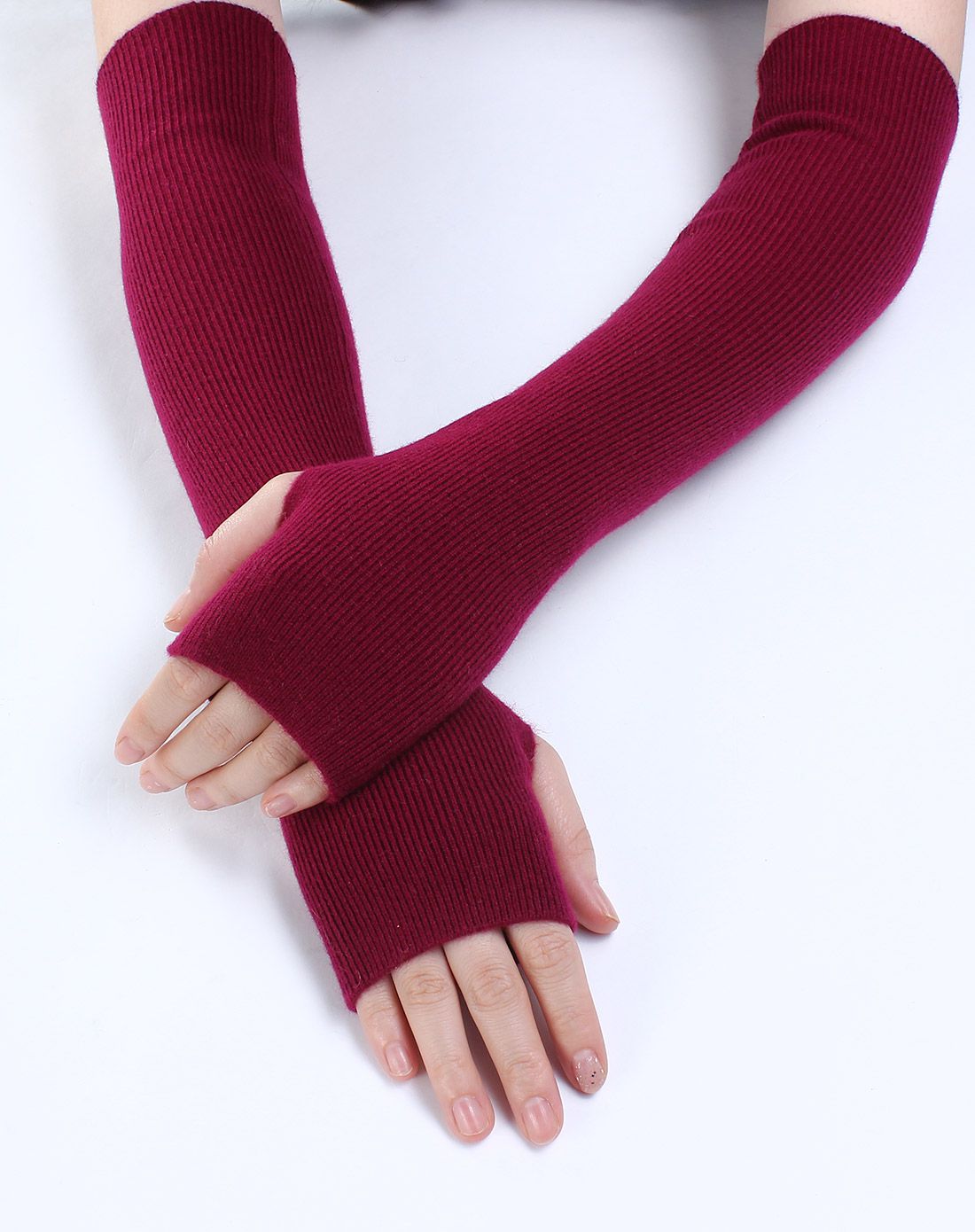 女暗枣红抽条长筒保暖护手露指羊毛手套