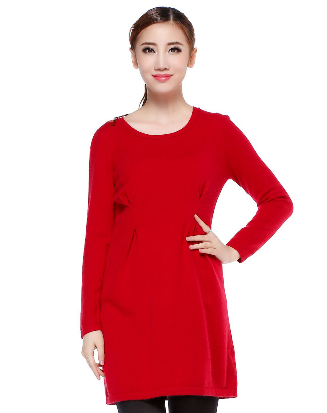 女枣红净色羊毛混纺中长款圆领套衫