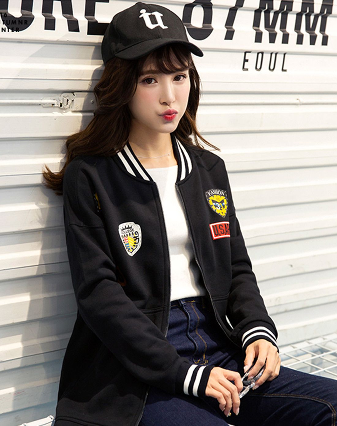 (特惠)女款黑色长款贴布印花棒球服