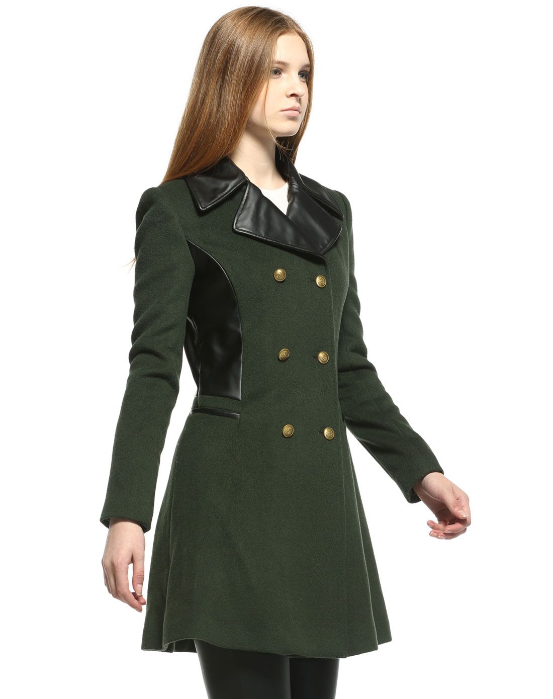 深咖绿军装风长袖大衣