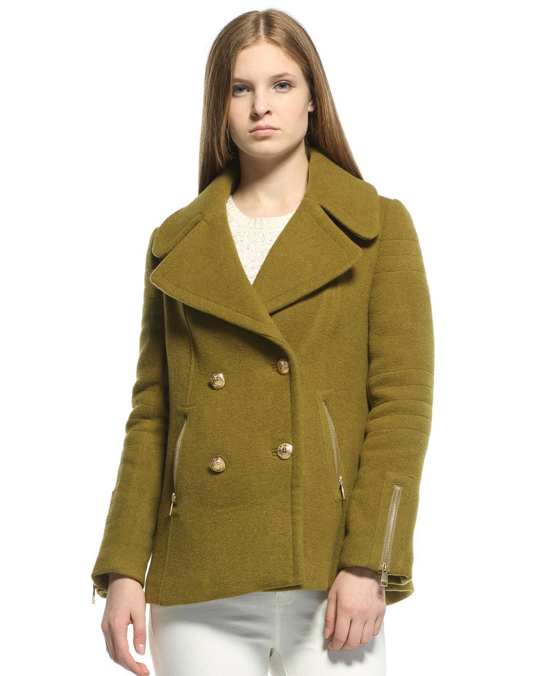 橄榄绿翻领双排扣长袖外套