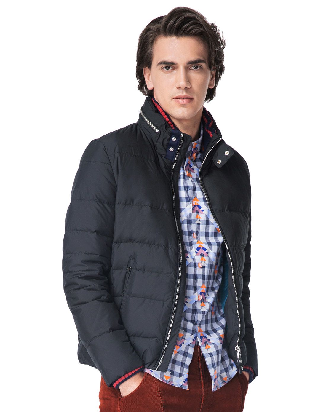 卡宾cabbeen lifestyle男装特卖旗舰店黑色拉链双层领无帽羽绒服