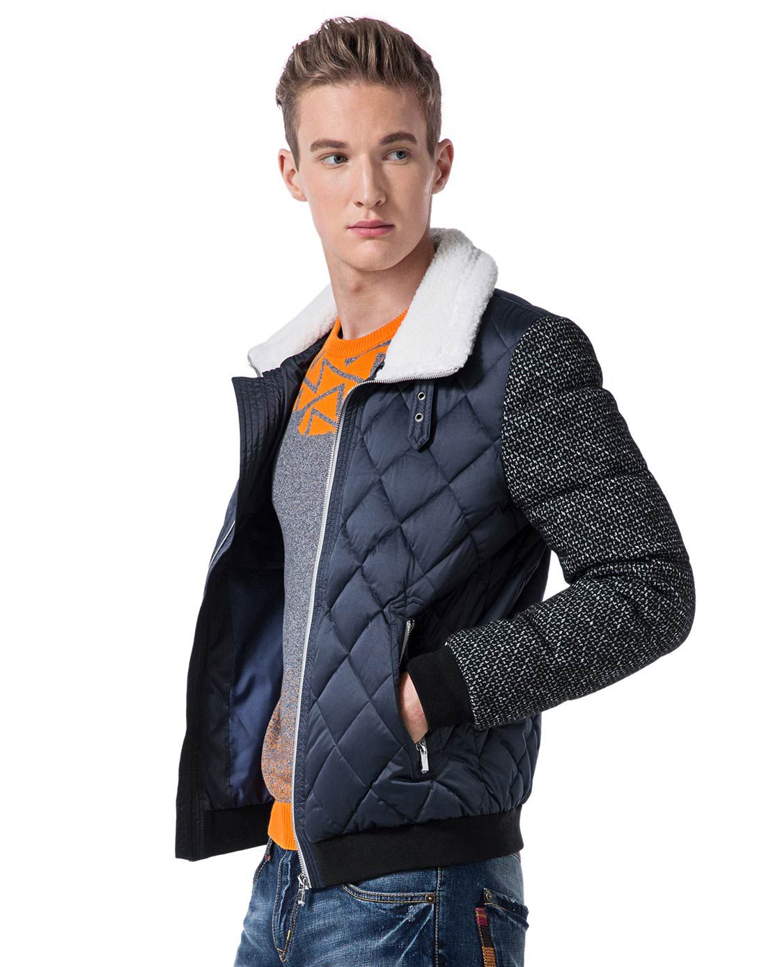 卡宾cabbeen lifestyle蓝色翻领修身羽绒服315414162337_唯品会