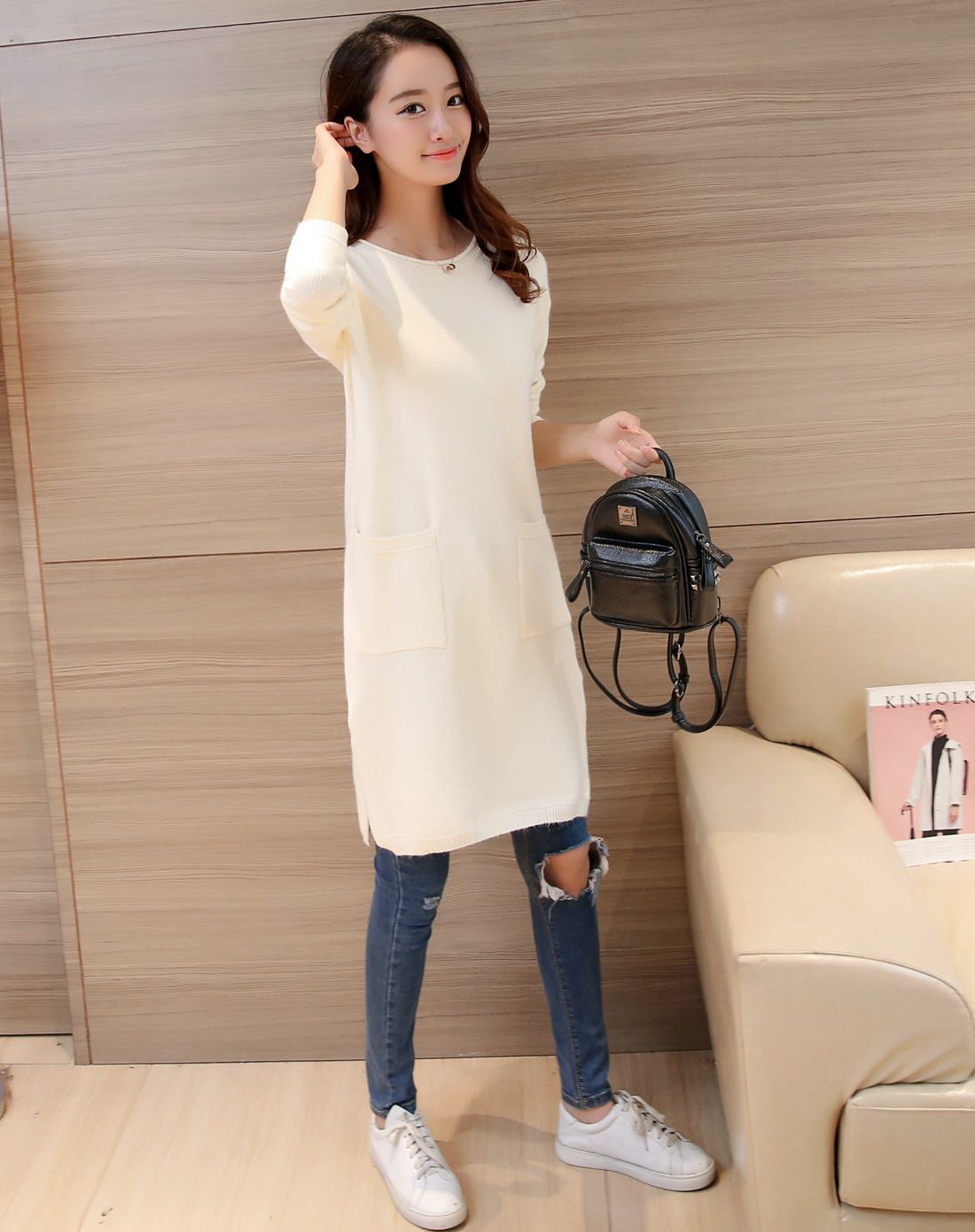 女装移动端专场女米色圆领双口袋测开叉针织连衣裙jdwp3591tt24_唯品