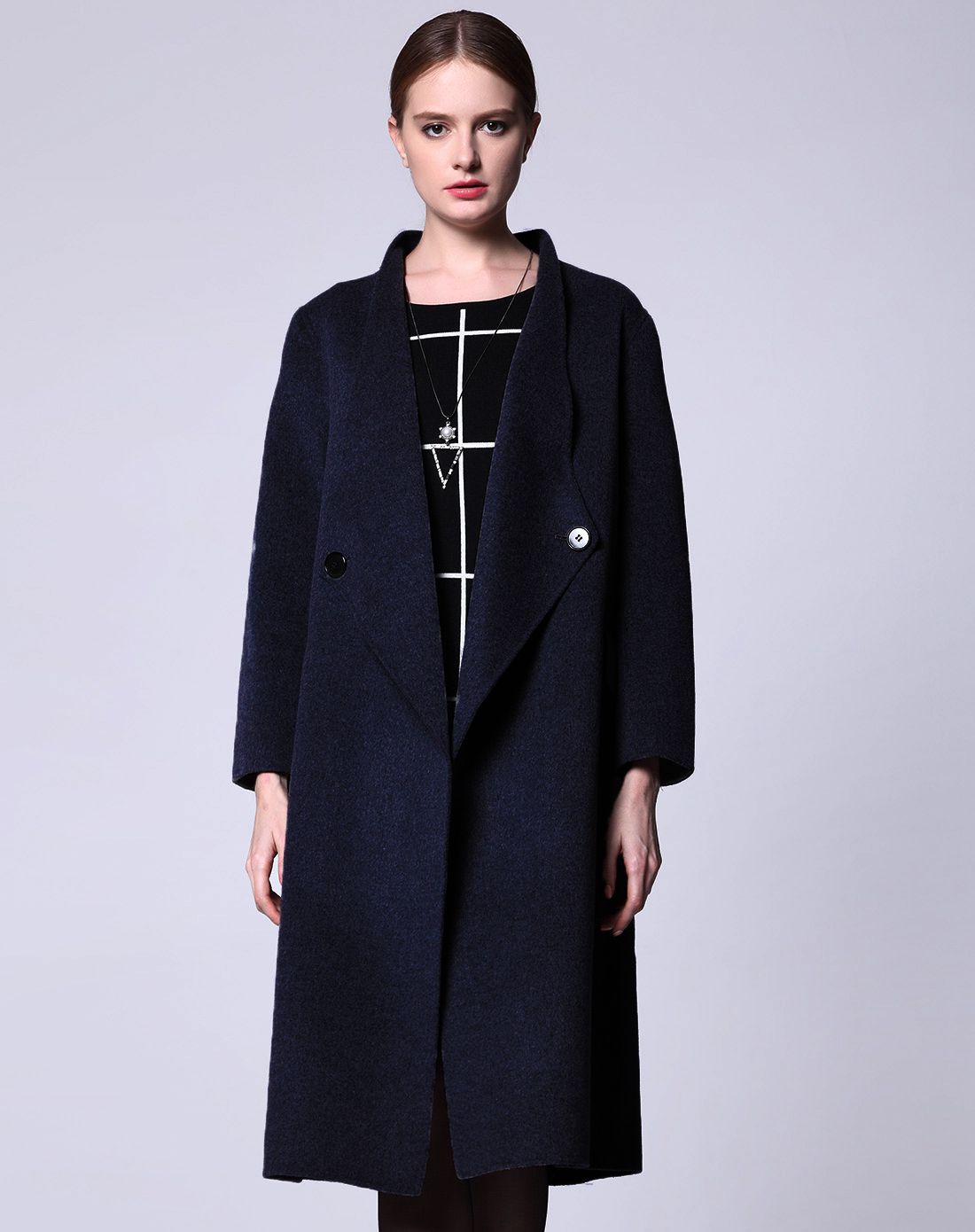 亨奴hono女装特卖旗舰店气质翻领纽扣修饰长袖呢料大衣d75018505_唯品