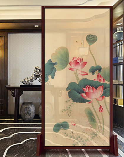 荷花 中国风客厅隔断装饰实木纱质屏风画