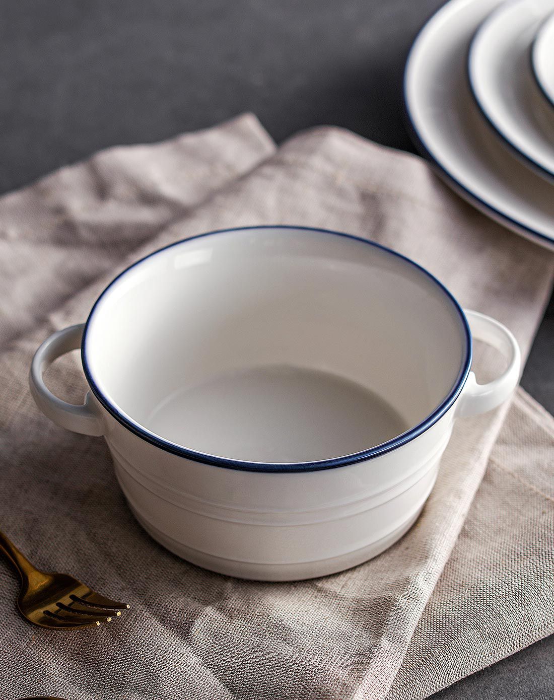 餐厨用具餐具 北欧简约12cm蓝白陶瓷双耳碗汤碗面碗