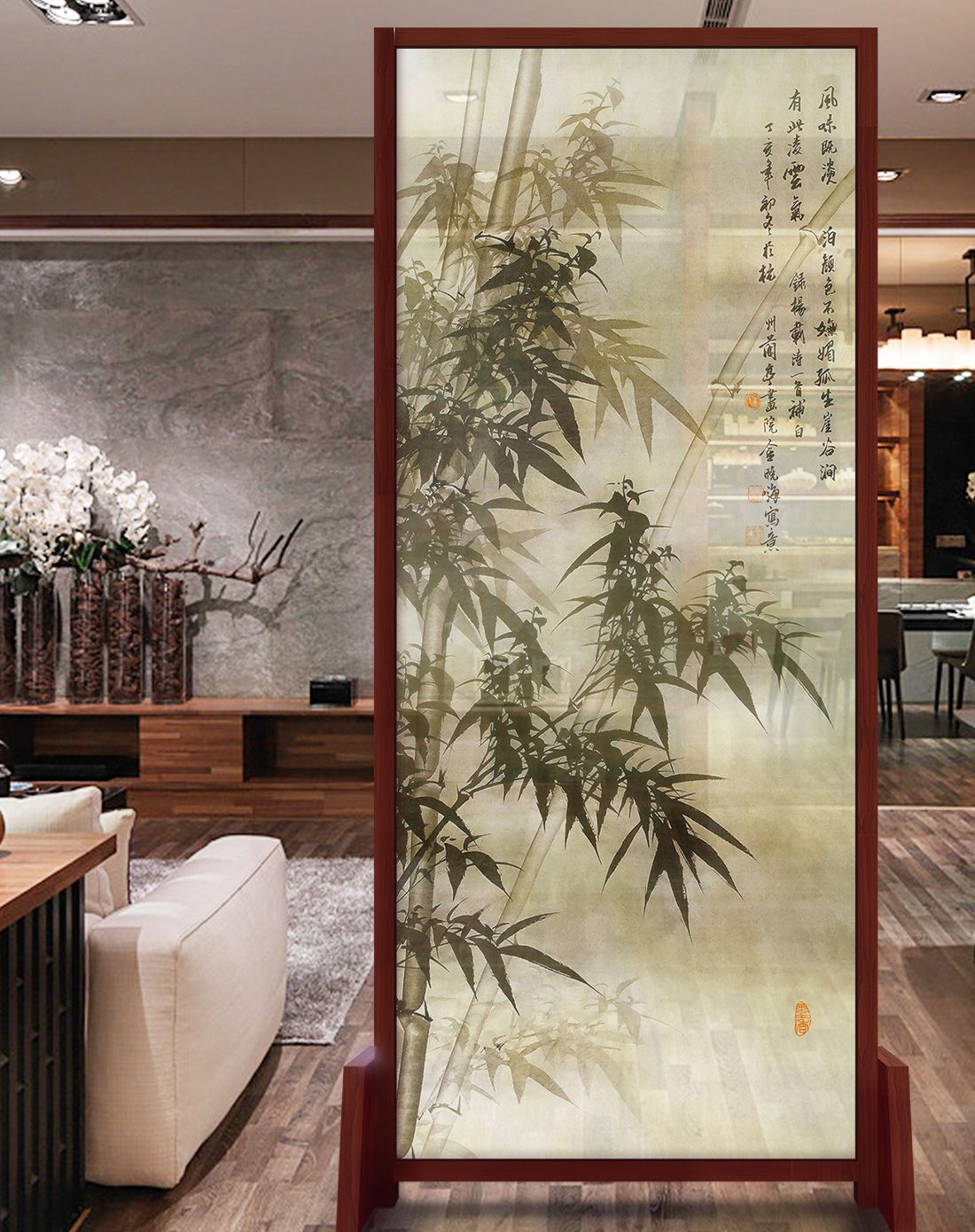 节节高升 现代中式半透明纱质实木屏风画