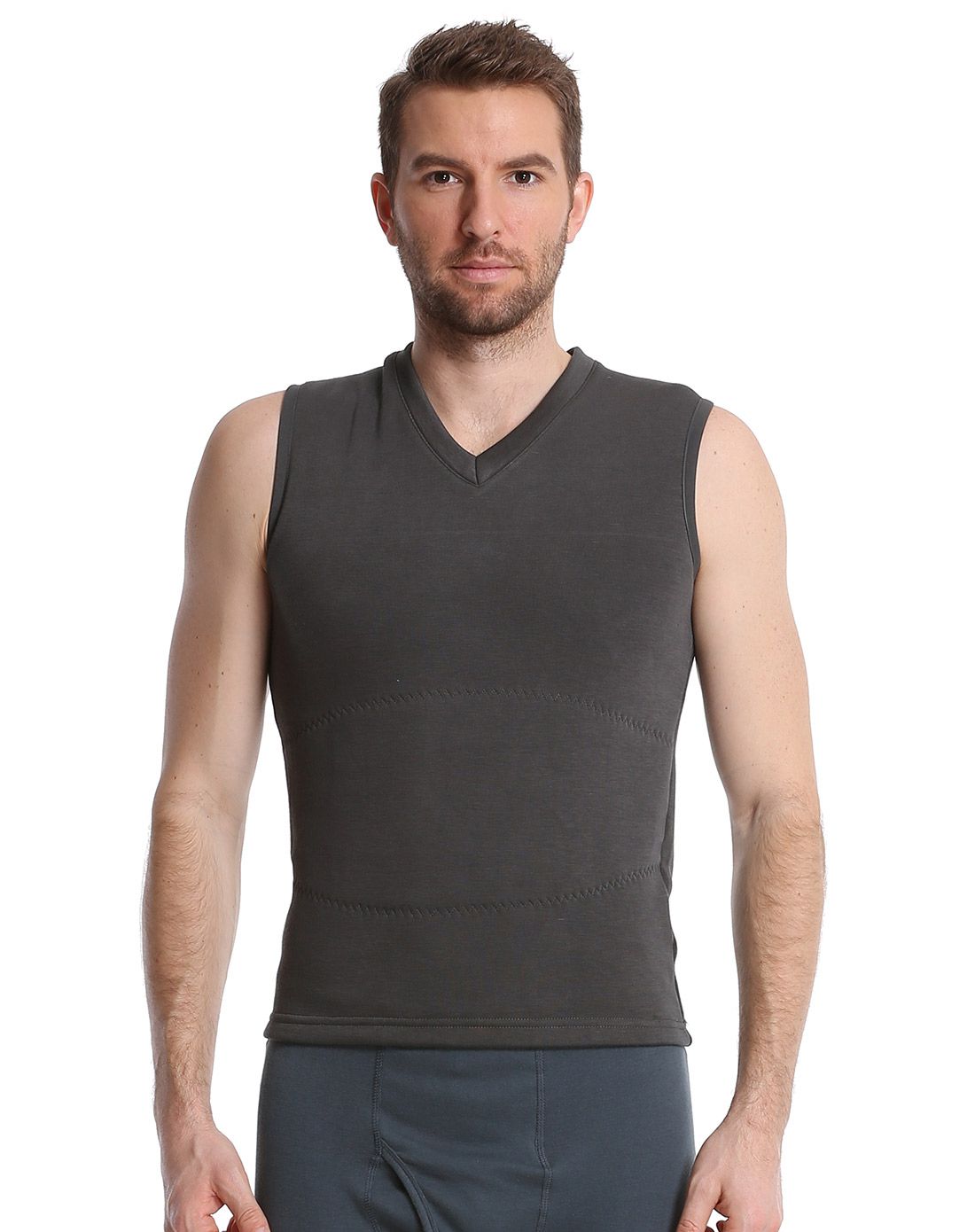 男墨绿桑狐立绒v领护胃紧身背心