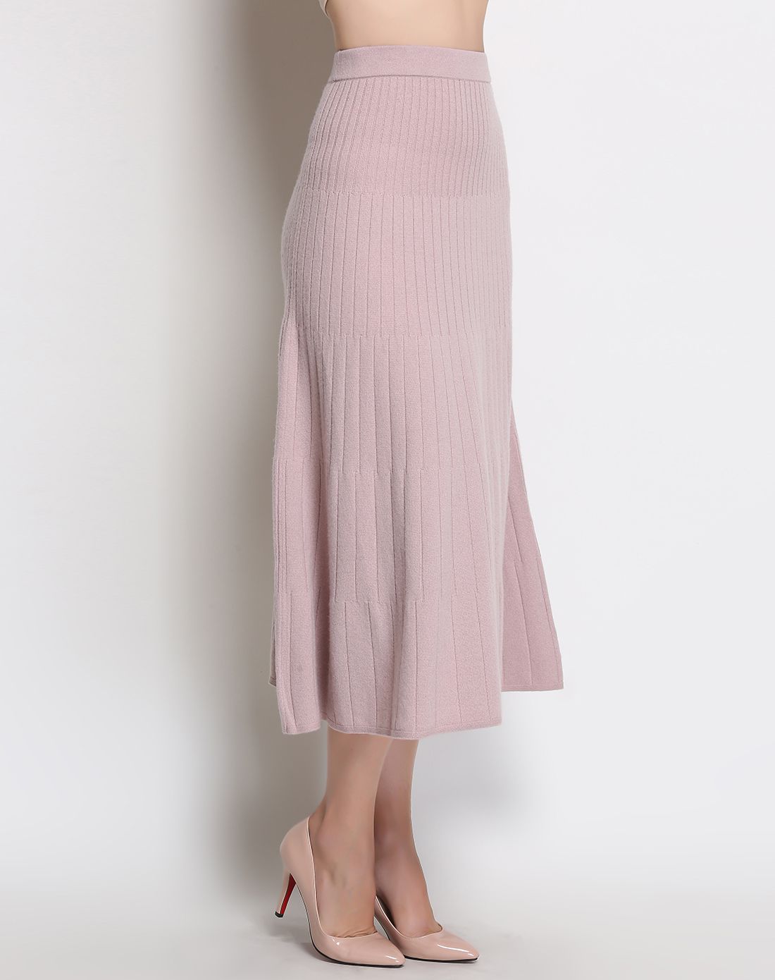 豆沙色抽条羊绒裙