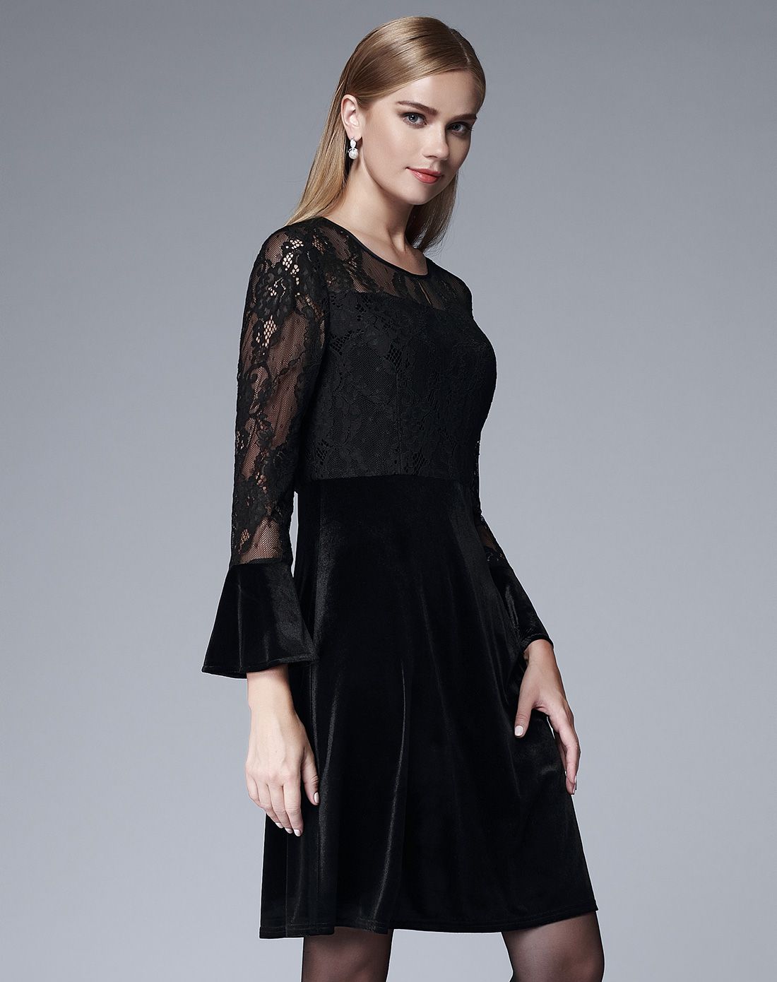 黑色拼接蕾丝连衣裙