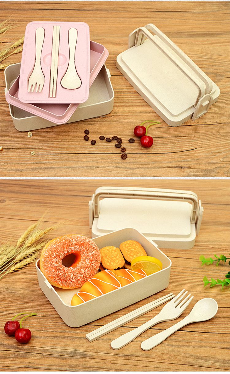 小麦秸秆2层饭盒带餐具便当盒