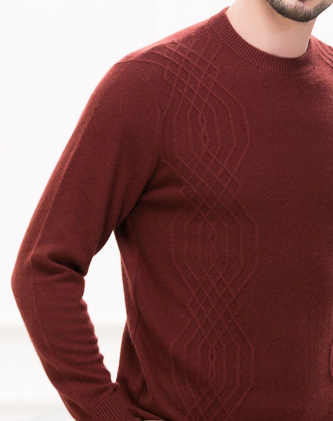 男款红咖啡色花型圆领羊绒针织衫