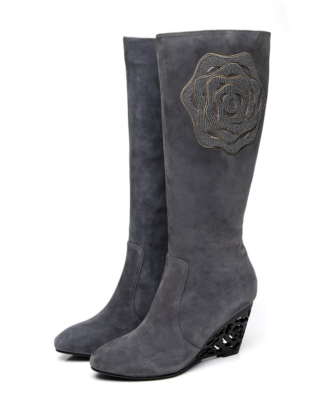 歌斯东尼gastone lucioli经典玫瑰灰色羊皮革坡跟高靴gs4d07916110902