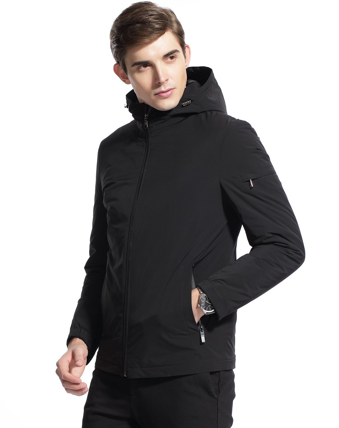 凯迪东尼cardydony男装专场 男款黑色时尚连帽白鸭绒羽绒服 商品编码