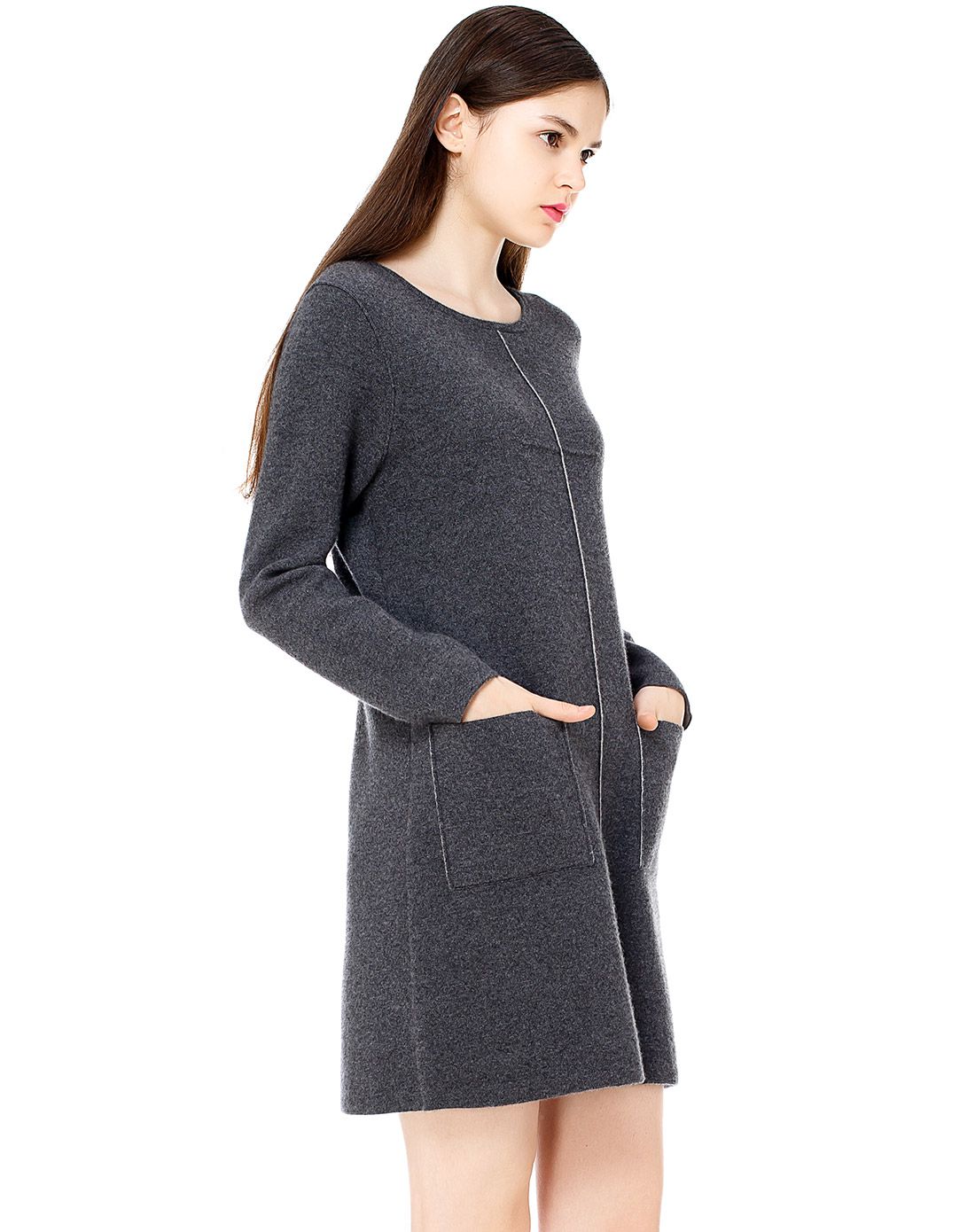 女100%山羊绒【加厚】四平提花连衣裙深灰