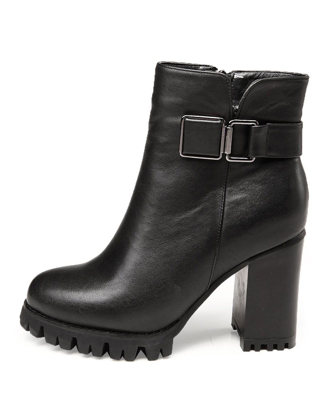 卡其色牛皮侧面皮扣装饰街头百搭高跟短靴