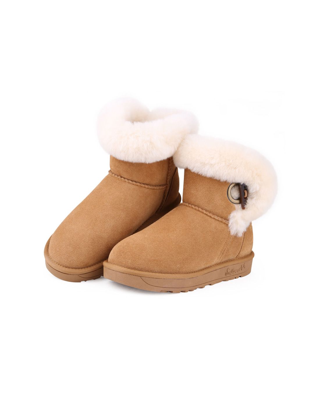 涉趣时尚棕纽扣羊毛鞋口雪地靴