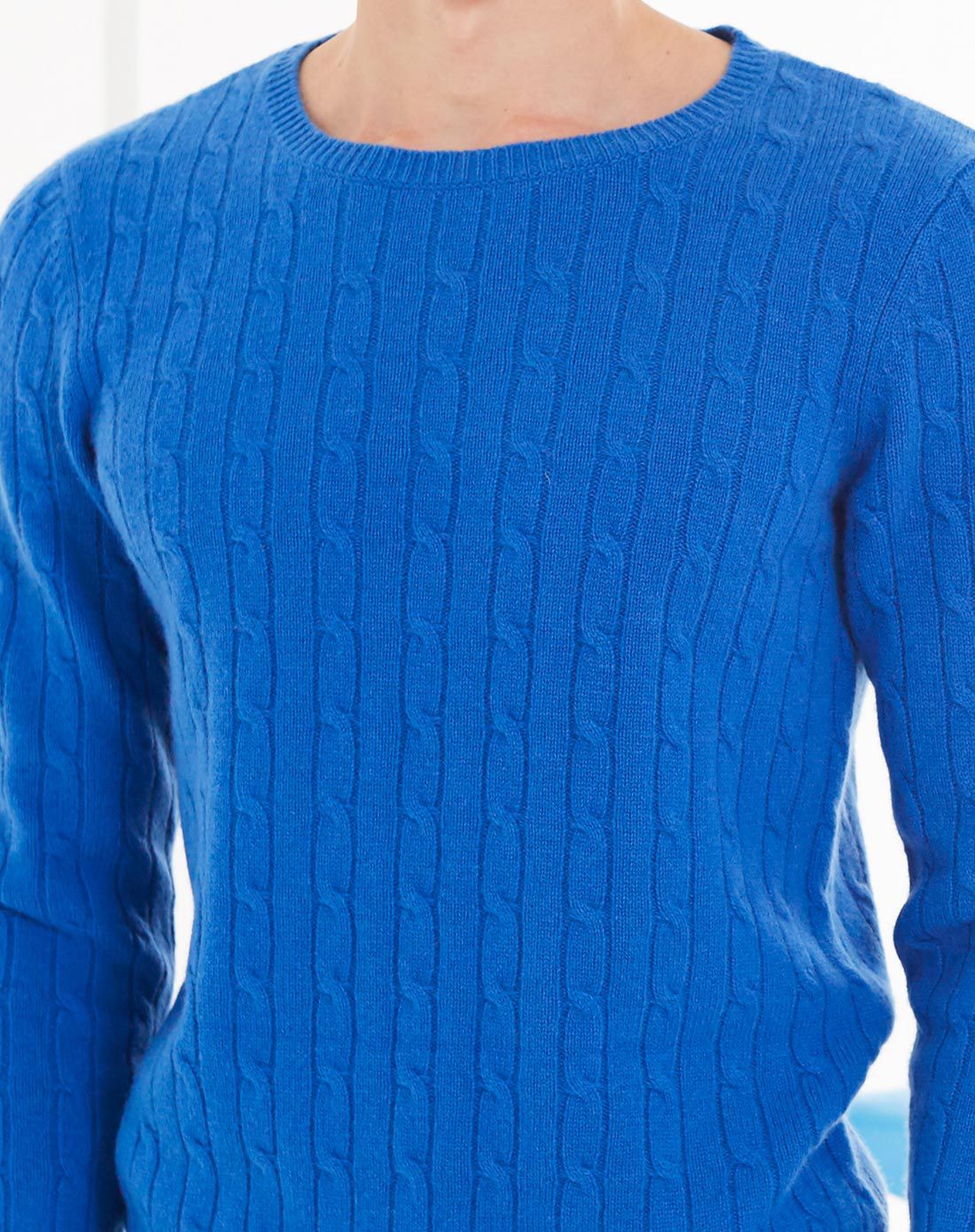 勒夫蓝纯山羊绒圆领绞花男套衫