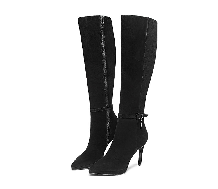 冬季新品黑色-羊猄尖头细高跟防水台长靴过膝靴长筒靴