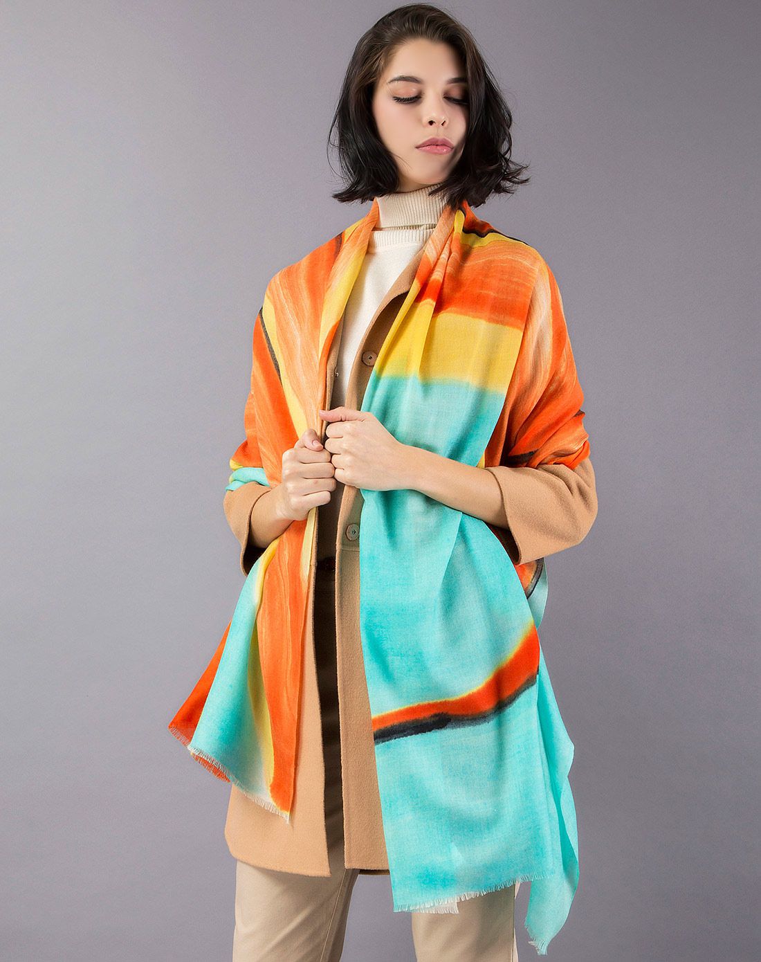 美帜 女士80支羊毛手绘围巾