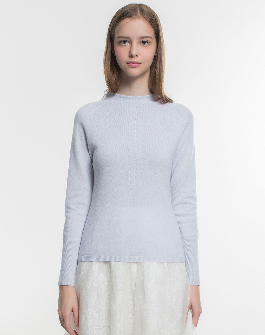 女浅雪青100%羊绒净色插肩袖立领套衫