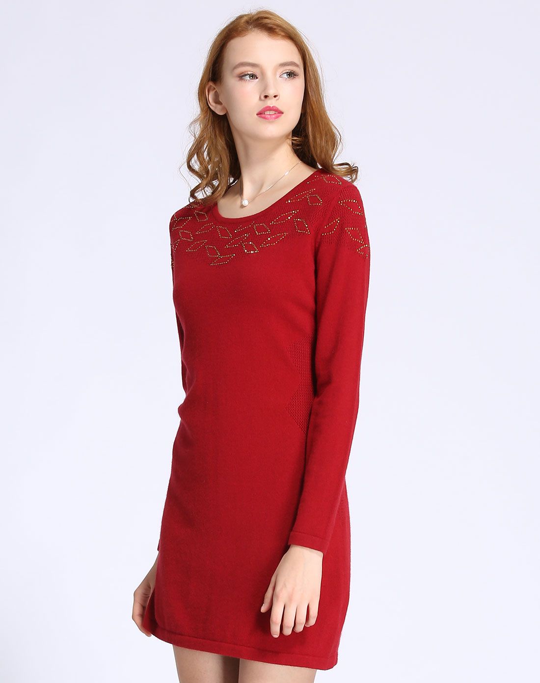 女款深枣红圆领长款羊毛女衫