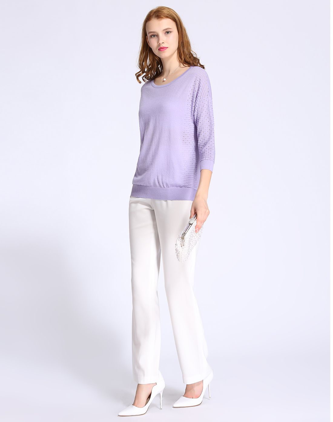 女款浅雪青圆领短款女衫(薄)