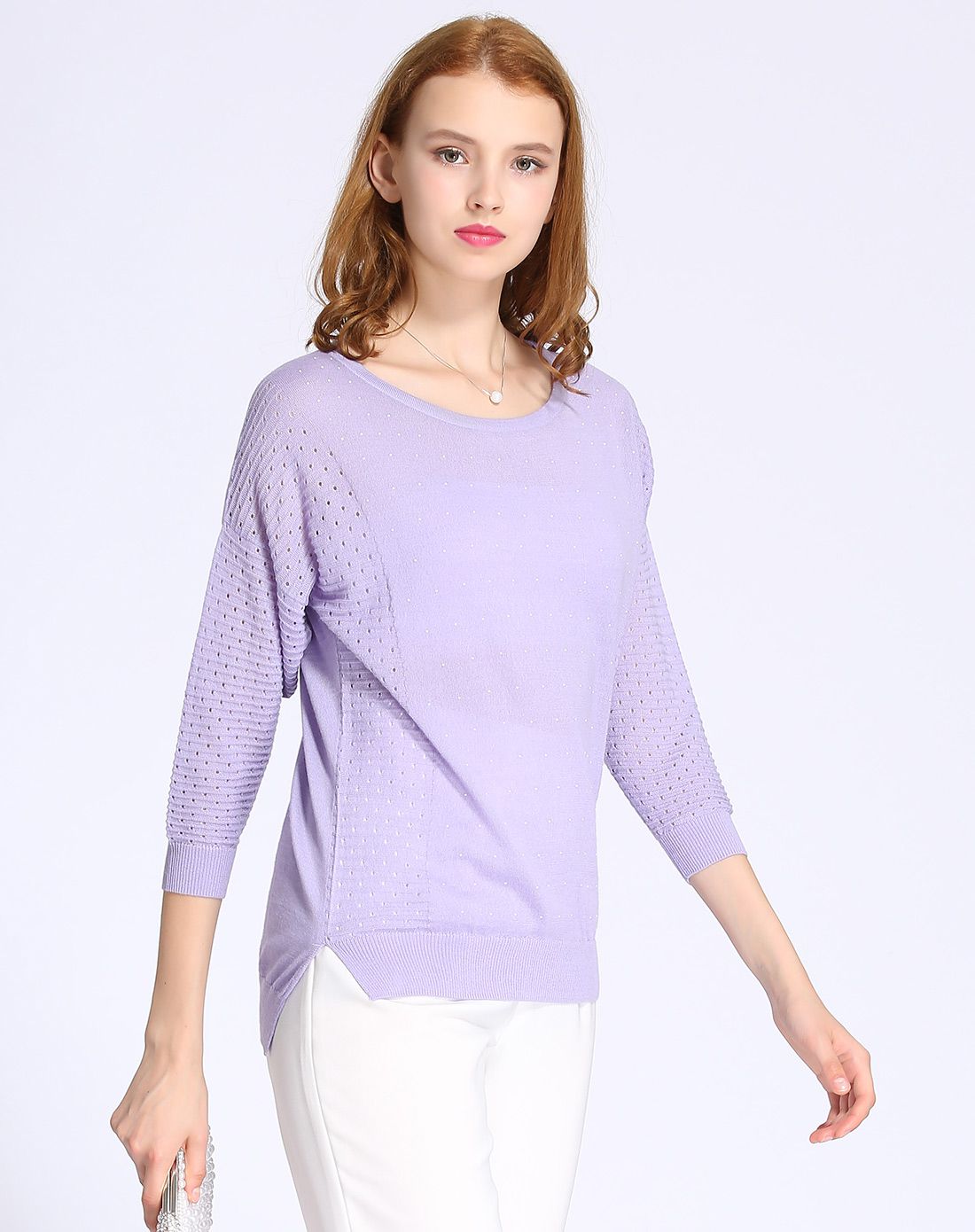 女款浅雪青圆领短款女衫(薄)