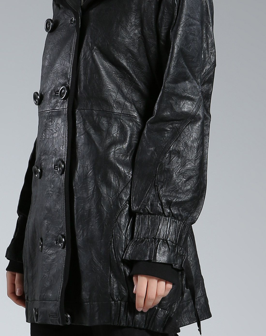 双领双排扣绵羊皮衣黑色