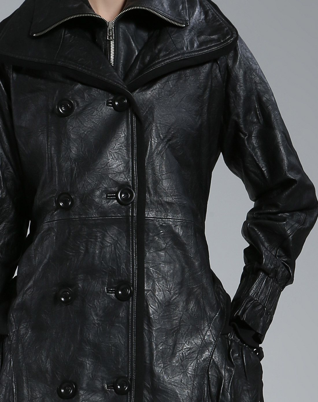 双领双排扣绵羊皮衣黑色