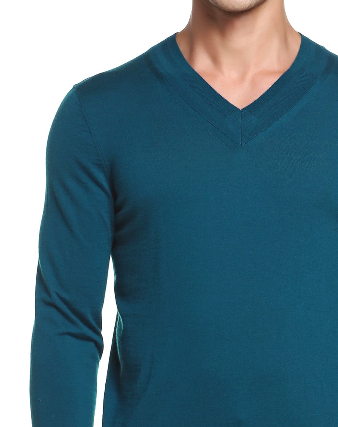 海蓝色纯羊毛舒适柔软罗纹v领套头毛衣