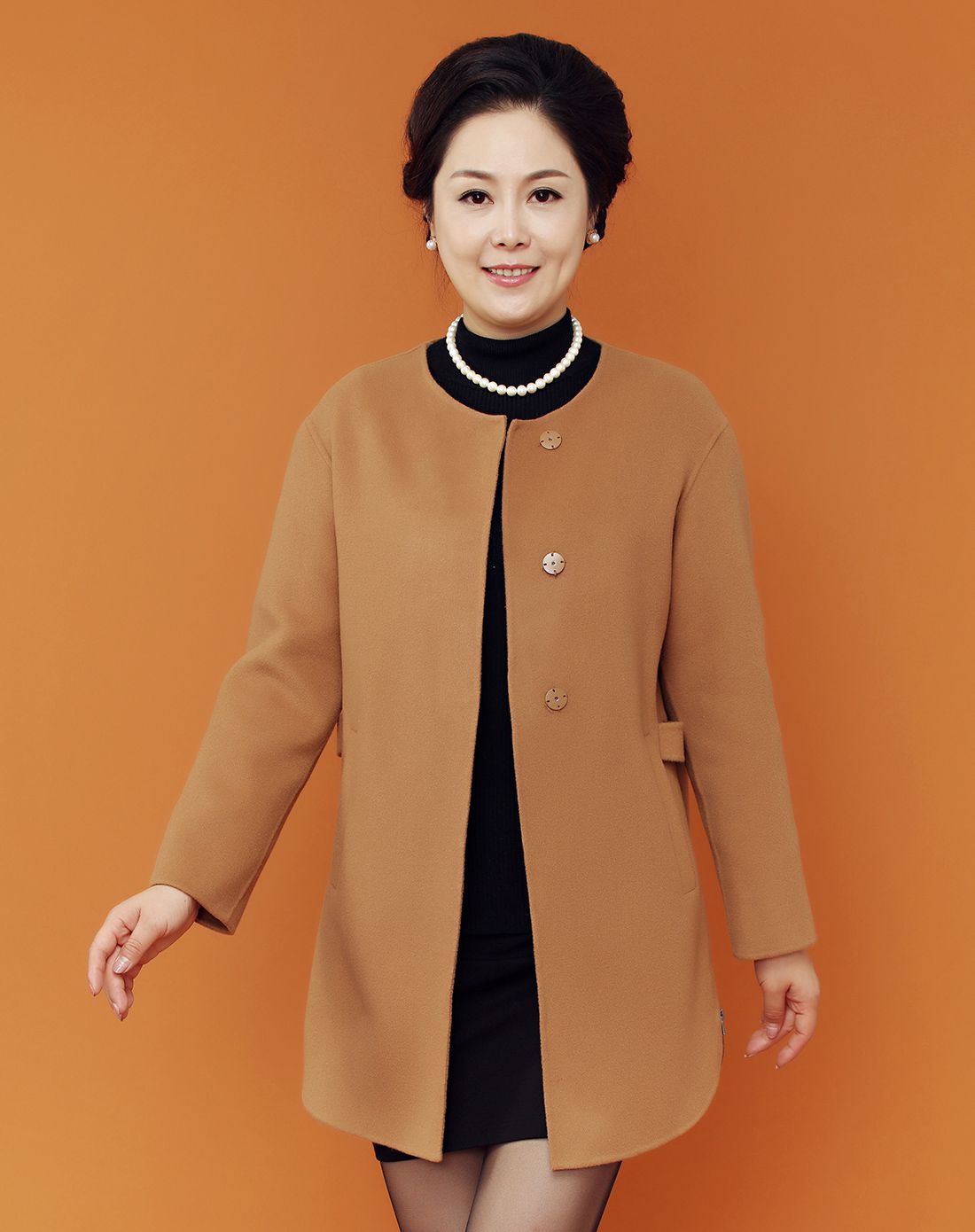 深红色时尚无领全羊毛双面呢大衣