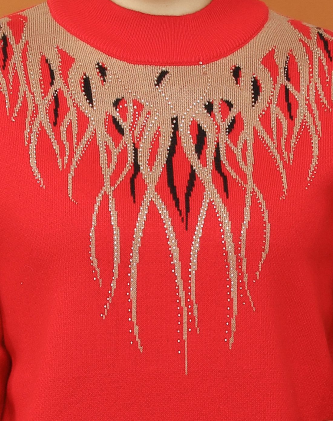 大红时尚圆领烫钻印花套头针织衫