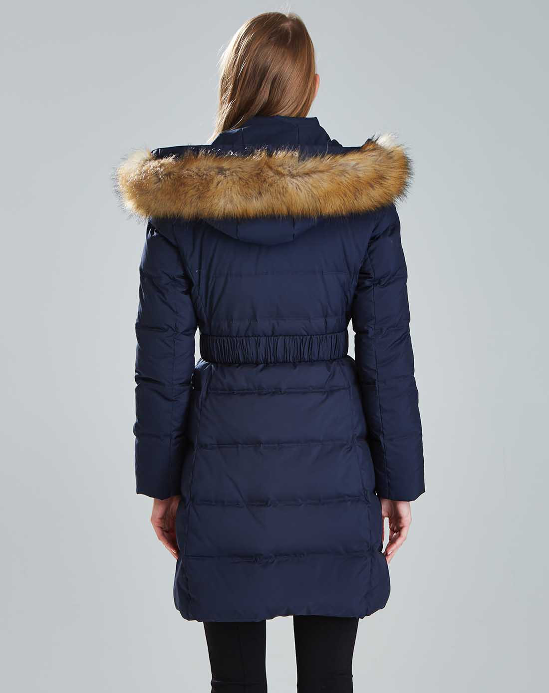 暗青色收腰长款连帽羽绒服