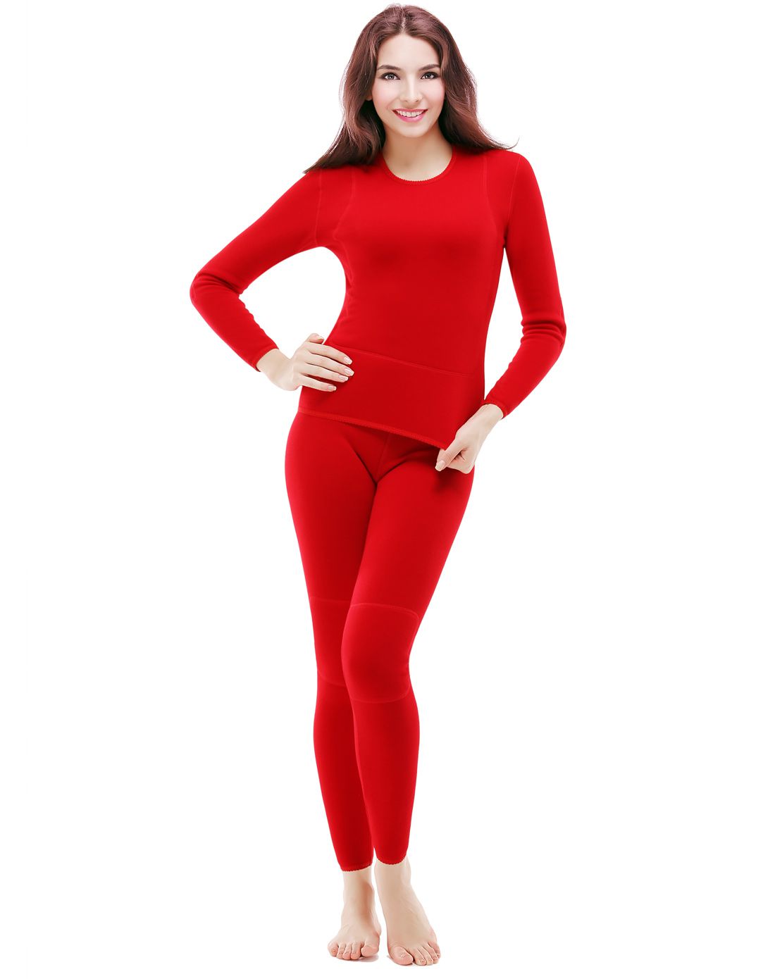 女黑色贴片精梳棉加绒加厚保暖内衣套装