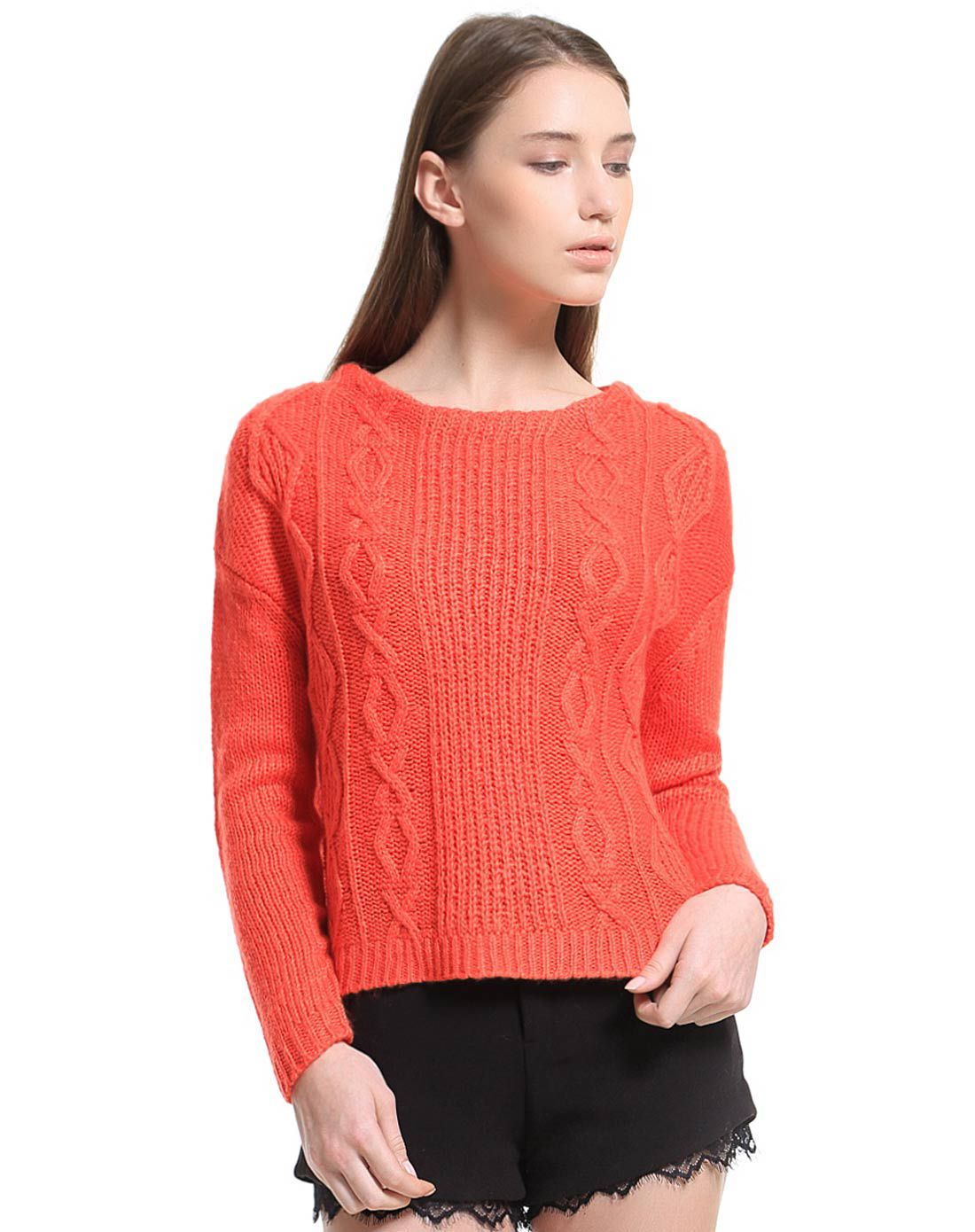 绯红色休闲纯色落肩长袖毛衣