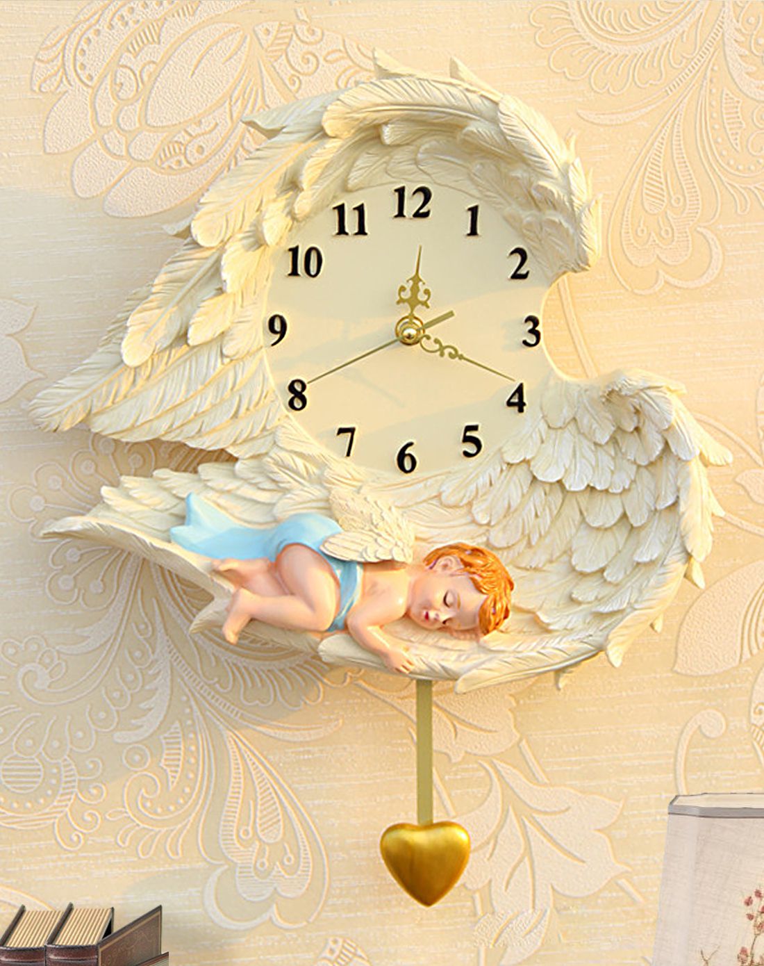 沉睡天使 欧式树脂静音钟表浮雕羽翼时尚家用客厅个性壁钟艺术挂钟